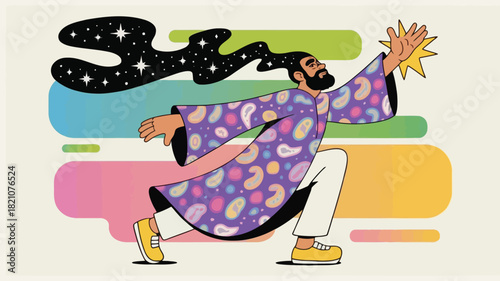 Mystical wizard with a flowing river beard representing wisdom magic and the passage of time depicted in a vibrant colorful vector illustration