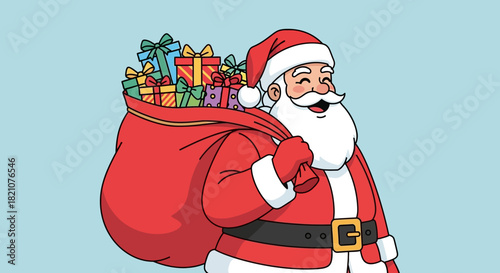 Cartoon santa claus holding a large sack full of christmas present