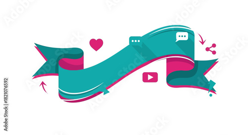 Teal and pink ribbon banner with social media icon elements isolated on