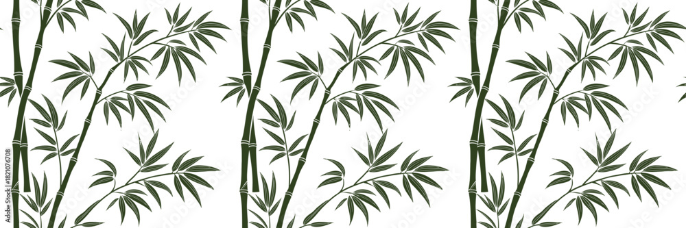 Fototapeta premium Elegant bamboo leaf pattern artwork with seamless repeating branches design. Minimalist botanical illustration ideal for natural themed decor projects. Clean oriental foliage background vector.