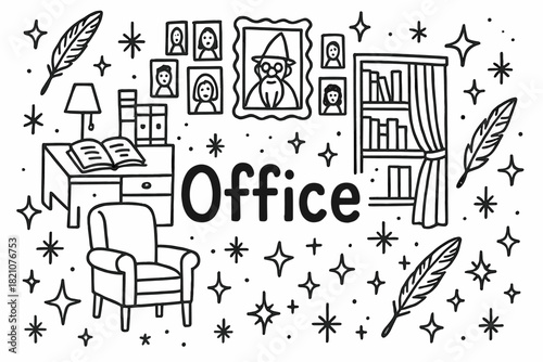 Whimsical Office Doodle. Doodle headmaster’s office with stars, quills, and sparkles, center word “Office” in black and white