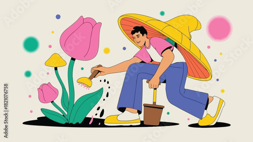 A diligent gardener meticulously tends to a vibrant glowing bioluminescent garden showcasing a surreal and magical botanical scene with luminous flora