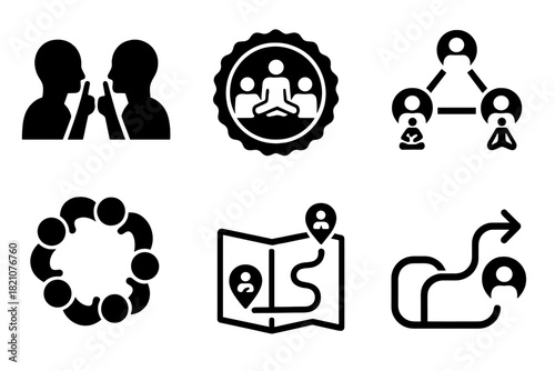 Silence Retreat Icons. Solid style icons of silence retreat community: peer-to-peer icon, group reflection badge, quiet support