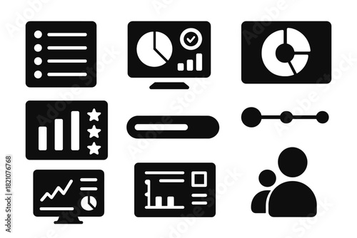 DAO Dashboard Icons. Solid style icons of DAO dashboards and analytics: proposal list screen, token voting graph, treasury pie