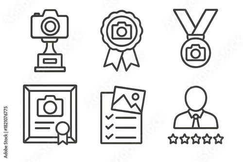 Photographic Awards Icons. Line style icons of photographic awards and recognition: camera trophy, best shot ribbon, photography