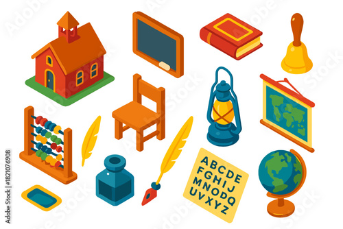 Vintage Educational Icons. Isometric vector illustration set Vintage Pedagogy: classic schoolhouse, slate writing board, chalk