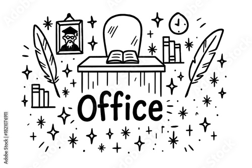 Whimsical Office Doodle. Doodle headmaster’s office with stars, quills, and sparkles, center word “Office” in black and white