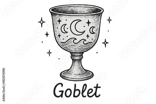 Silver Goblet Design. Hand-drawn silver goblet with moons, waves, and sparkles, center word “Goblet” in black and white isolated