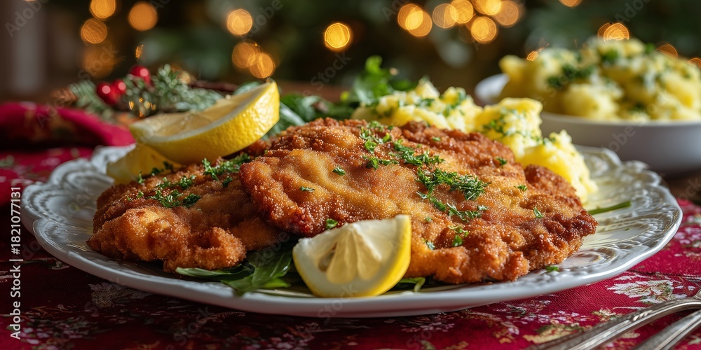 Obraz premium Golden crispy schnitzel served with potato salad and lemon slices rests on a festive tablecloth in warm Christmas light.
