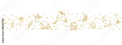 Golden reindeer and sleigh Christmas border with festive winter icons, cheerful holiday divider with gifts, mittens and ornaments