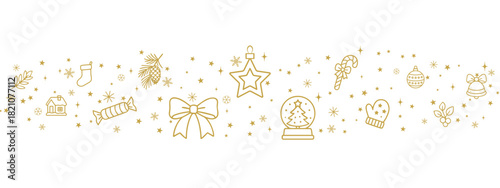 Festive golden Christmas ornament border with star baubles, snow globe and holiday treats, playful winter decorative divider