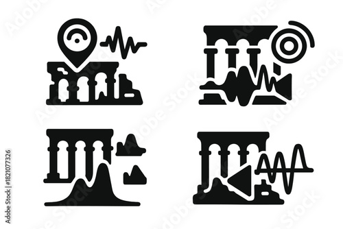 Archaeological Sound Icons. Solid style icons of archaeological sound experiments: sound maps, impulse response, resonance