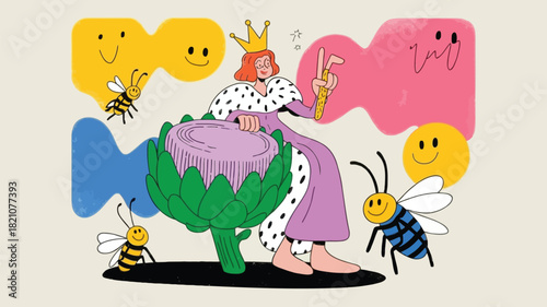 Vibrant psychedelic queen seated regally on an ornate throne surrounded by swirling abstract patterns and bold colors representing power and fantasy