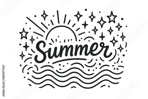 Doodle Beach Summer. Doodle summer beach with stars, waves, and sparkles, center word “Summer” in black and white isolated