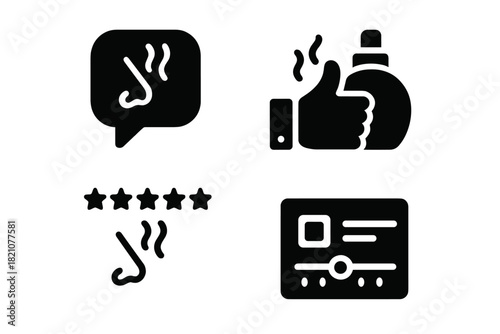 Scent Feedback Icons. Solid style icons of scent experience feedback: rating scent intensity, thumbs-up with fragrance, star