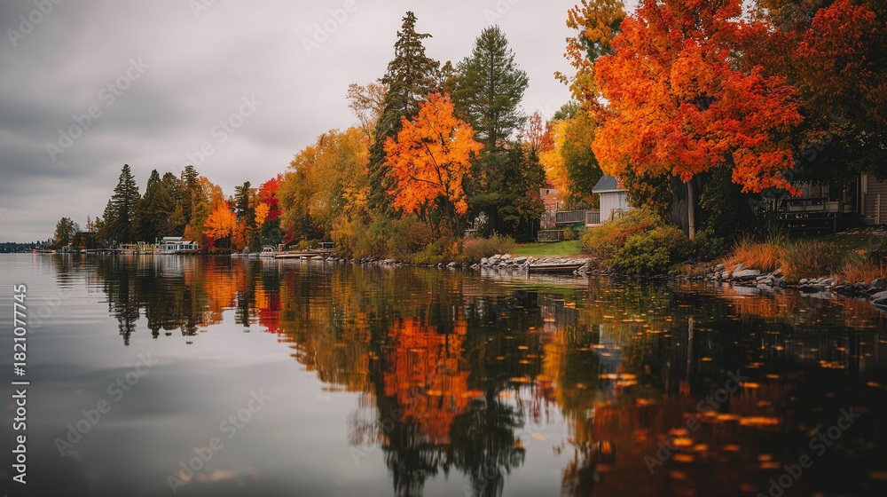Obraz premium In a serene lakeside setting, vibrant autumn trees in shades of orange, red, and gold reflect beautifully on the calm water. The picturesque scene shows various houses and their vi