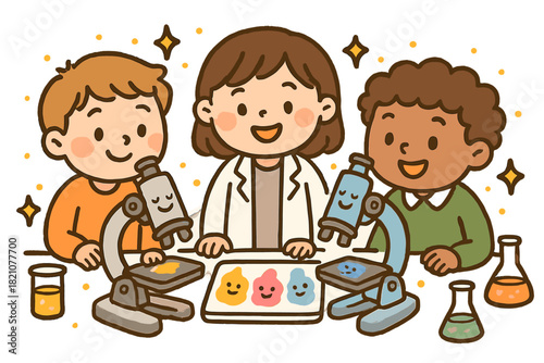 Joyful Paint Analysis. Adorable doodle pigment analysis workshop with smiling students, cartoon microscopes observing cheerful