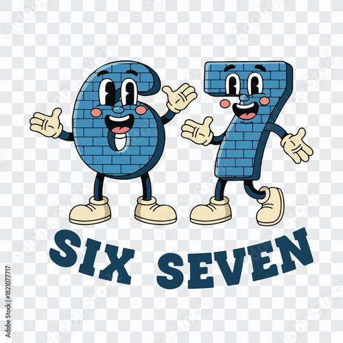 Cute Cartoon 67 Characters – Brick Texture Number Mascots with Faces, Shoes & “Six Seven” Text