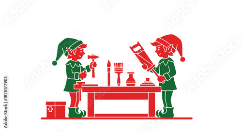 Two christmas elf worker character making toy with tool isolated on