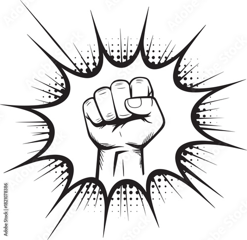 Fist of power bursting with energy line art