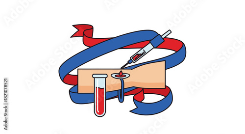 Illustration of blood draw from arm with syringe and test tube