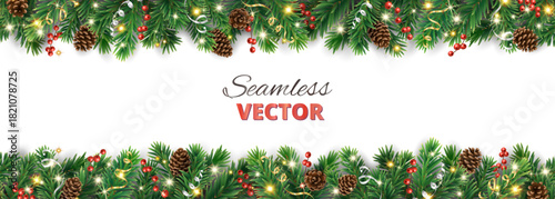 Seamless Christmas tree garland border with pine cones, ribbons, berries, and glowing lights. Realistic vector decoration for festive designs. Transparent background in vector file.