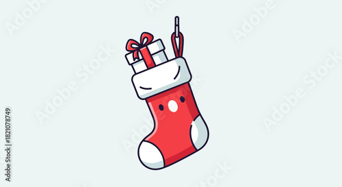 Cute cartoon christmas stocking filled with a gift box isolated on