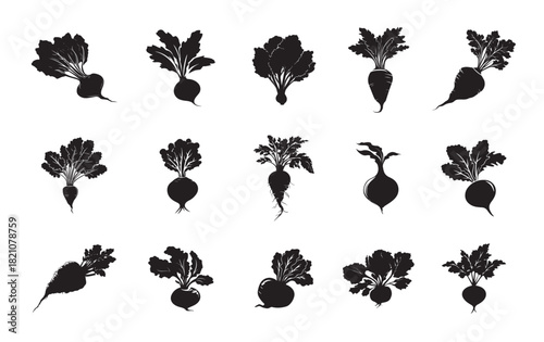 Monochrome Collection of Black Beetroot Silhouettes on a White Background