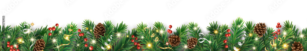 Obraz premium Seamless Christmas garland border with pine cones, berries, and glowing lights. Realistic festive evergreen design. Transparent background in vector file.