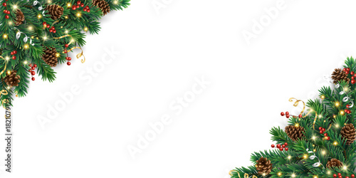 Christmas tree corner border with pine cones, red berries, and glowing ribbons. Elegant festive vector garland. Transparent background in vector file.