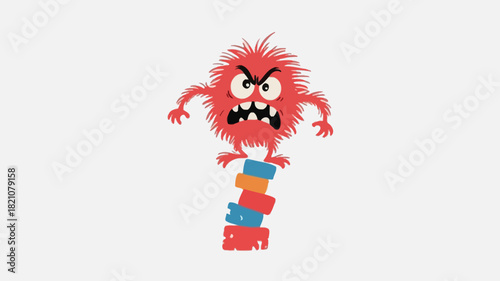 An illustration of an angry hairy monster balancing precariously on a small object depicted with vibrant colors and bold lines suitable for various design projects