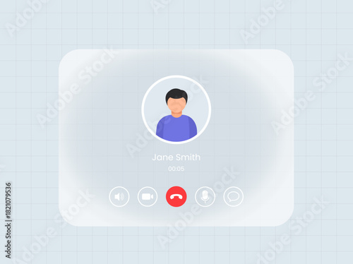 White light Glassmorphism board Video call screen with liquid glass frame. Messenger app call interface with mockup for web and tablet or pad. Sound, mic, video and message icons and avatar. 