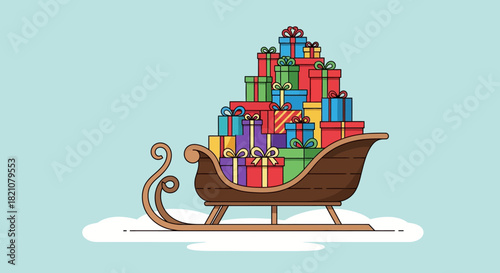Illustration of a wooden sleigh overflowing with colorful wrapped christmas presents