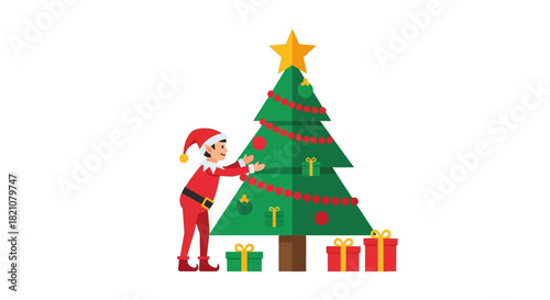 Cute elf decorating a christmas tree with gift box present isolated on