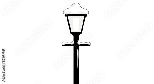 Black and white illustration of a street lamp post covered with snow