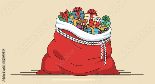 Illustration of a large red santa sack overflowing with colorful christmas gifts