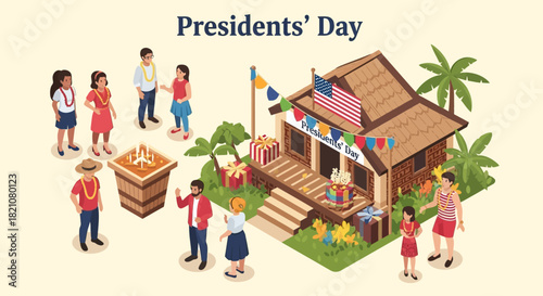 Joyful community gathering in a vibrant tropical setting, featuring diverse individuals celebrating outdoors around a festively decorated house