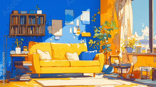 新しい暮らしの始まりを感じる、日差し差し込む明るいリビングと観葉植物に囲まれた引っ越し後の整理整頓された室内風景イラスト素材