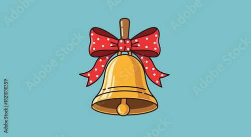 Cartoon golden school bell with red polka dot bow on blue