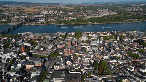 Aerial panoramic view around the old town of the city Mainz in Germany on a sunny spring noon