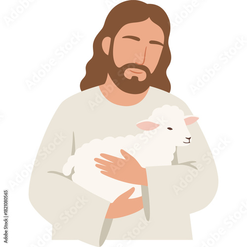 Illustration of a man holding a lamb sheep animal care compassion faith religion religious christianity