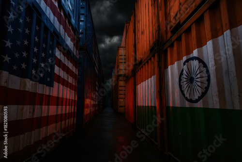 US flag and India flag painted on shipping container facing each other in stormy port corridor conveying trade tension and rivalry