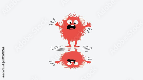 Whimsical fuzzy creature playfully attempting to frighten itself rendered as a colorful vector illustration with a playful and humorous theme