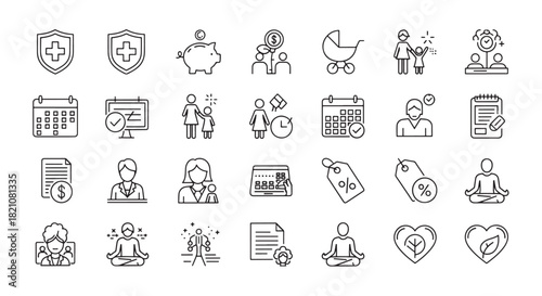 Healthcare finance and wellness icons in a simple line art style