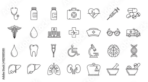 Collection of medical icons depicting healthcare medicine and related health services