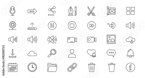 Collection of simple line icons representing various media and editing tools