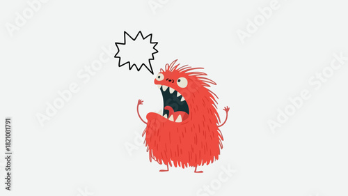 A small red hairy monster with sharp teeth and wide eyes is roaring loudly depicted in a vibrant vector illustration with a white background