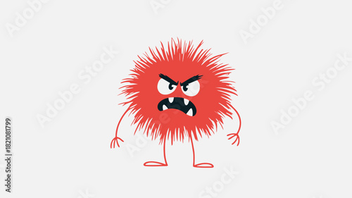 An angry fuzzy monster with a circular body depicted in a vibrant vector illustration with bold colors and a playful cartoonish style
