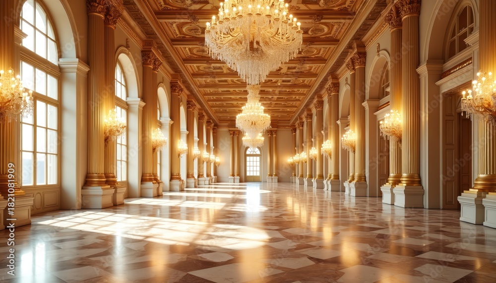 Obraz premium Luxurious grand ballroom interior with marble floor columns, crystal chandeliers. Ornate decorations on ceiling, walls. Large arched windows let in natural light. Elegant empty space for events,