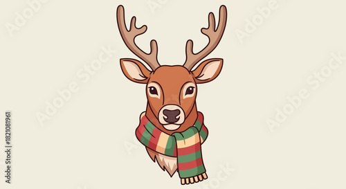 Cute cartoon reindeer head wearing a colorful striped winter scarf